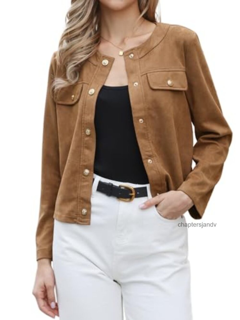 Faux Suede Collarless Snap Button Western Shacket Casual Jacket